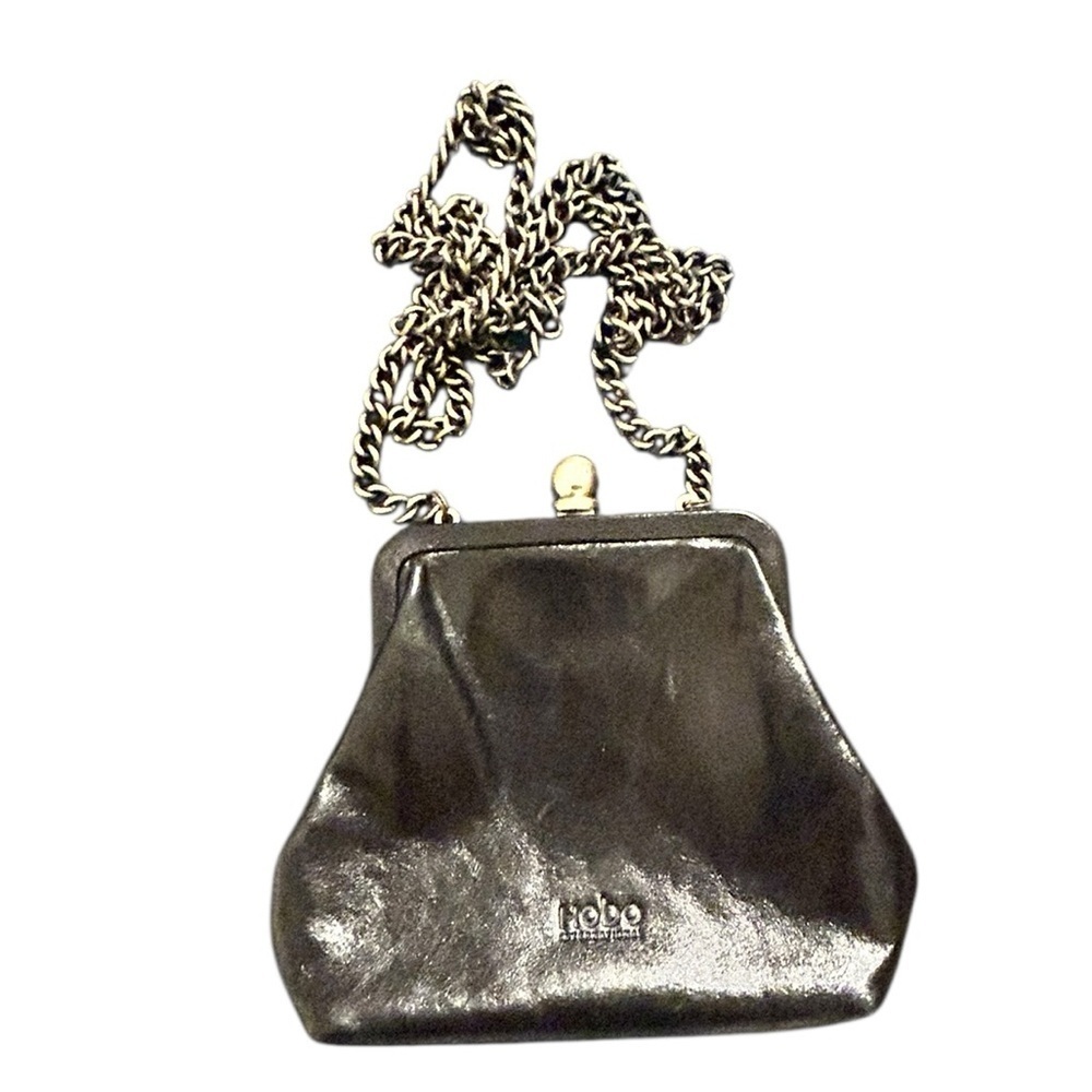 Hobo International Pewter Chain Strap Clutch Bag Black Leather KISS Lock EC - Picture 2 of 13